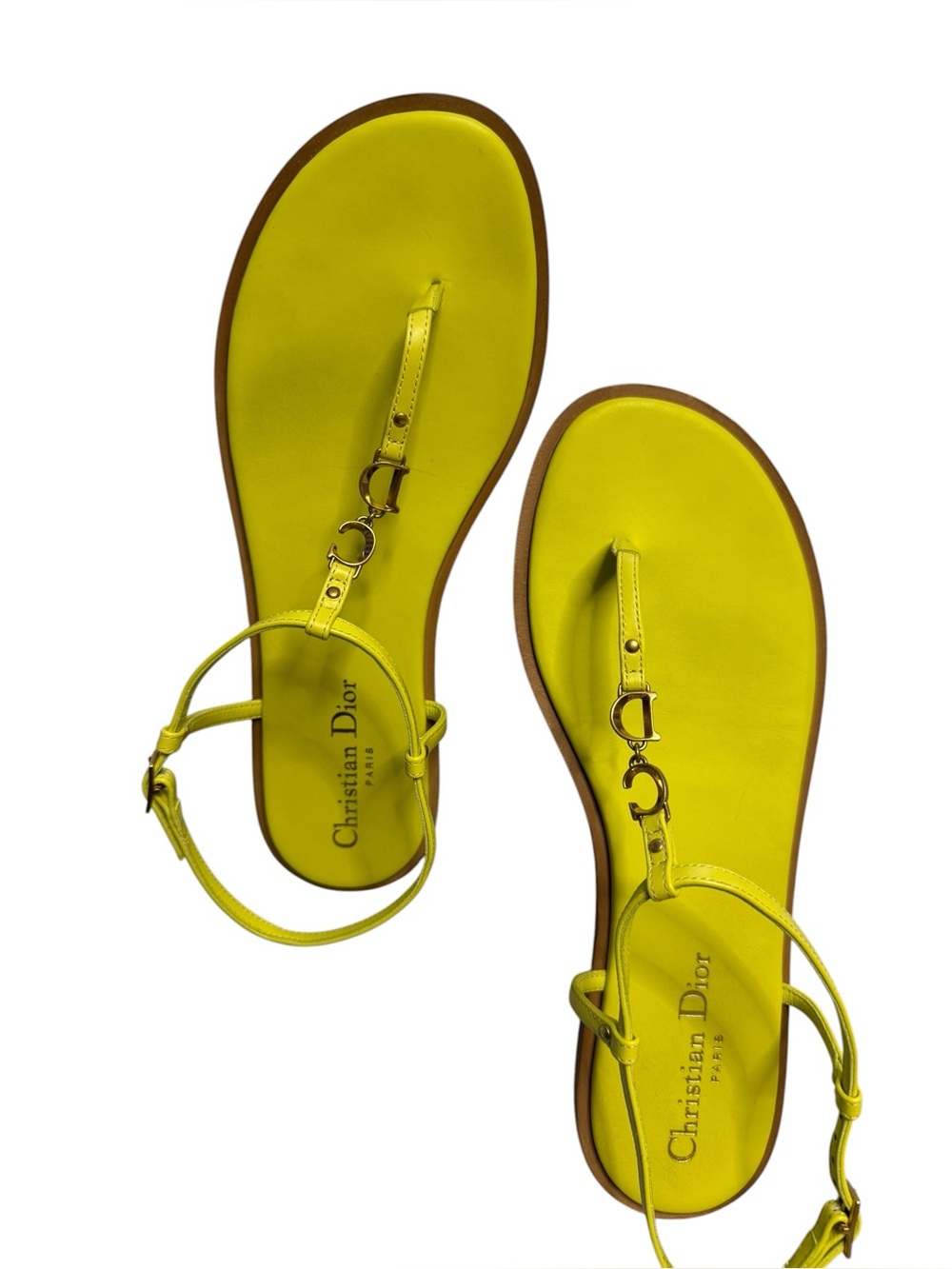 Christian Dior Neon Yellow Gold Logo Leather Thong Sandals